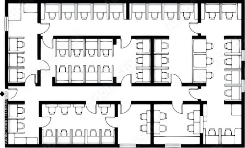 Floor plan of an office space with cubicles, meeting rooms, and restrooms