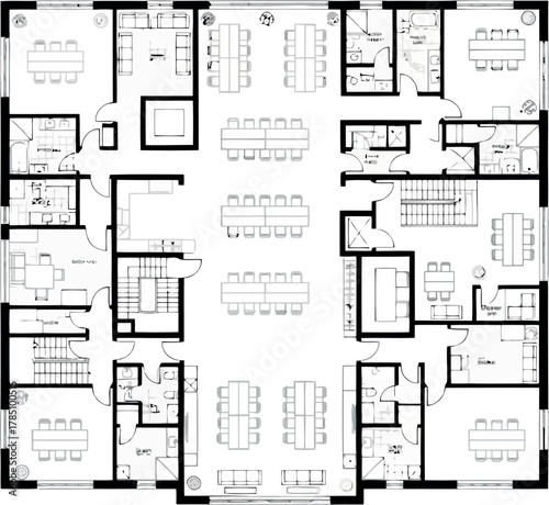 Modern office floor plan with meeting rooms, individual workspaces, and communal areas, designed for collaboration