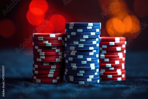 Colored gambling chips on black background top view. Win and lose