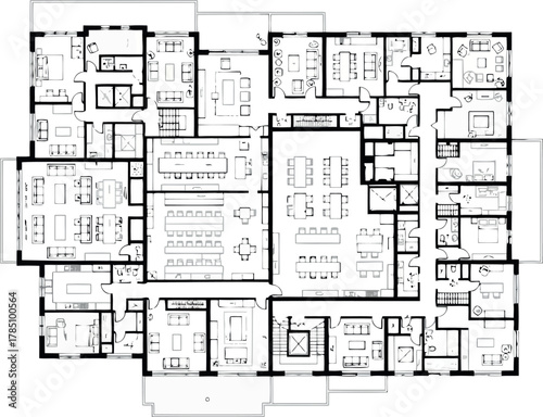 Architectural blueprint of a complex building layout with multiple rooms and spaces, showcasing detailed floor plan design