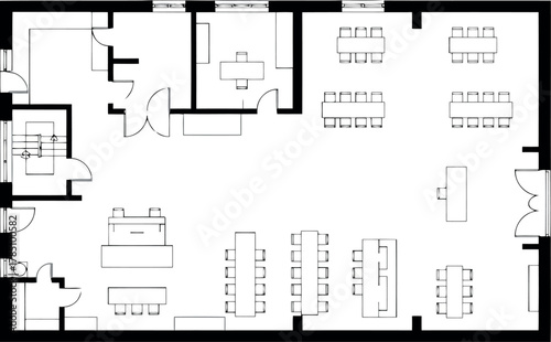 Floor plan of a large office or conference space with multiple tables and seating arrangements