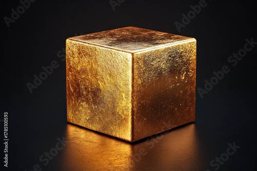 Golden shiny cube on black background. Geometric figure with fire.