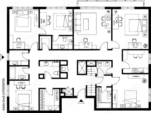 Spacious floor plan of a large apartment with multiple bedrooms, bathrooms, living area, and dining space