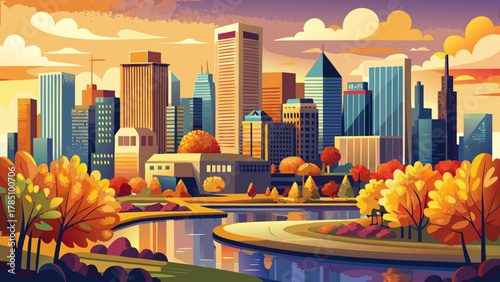 Very beautiful panoramic view of downtown Minneapolis, Minnesota, USA at autumn sunrise, featuring warm golden light, colorful fall trees, modern skyscrapers, and a realistic vibrant urban cityscape.