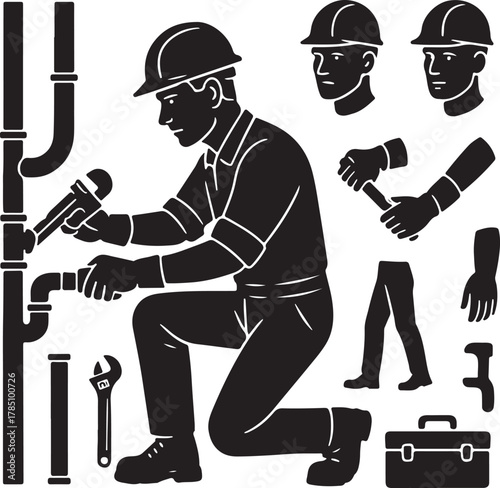 Plumber silhouette working on pipe repair with a wrench. includes plumbing tools, worker elements, safety gear. represents construction, maintenance, and handyman services vector art.