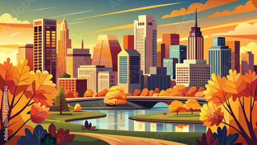 Very beautiful panoramic view of downtown Minneapolis, Minnesota, USA at autumn sunrise, featuring warm golden light, colorful fall trees, modern skyscrapers, and a realistic vibrant urban cityscape.