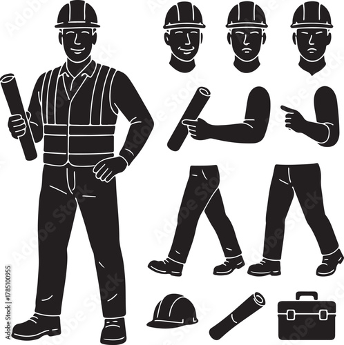 Construction worker vector elements set with a man in a hard hat and safety vest, holding blueprints. contains diverse body parts, facial expressions, and essential tools for building projects.