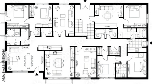 Detailed floor plan of a large residential house with multiple bedrooms and living areas