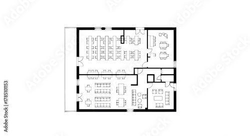 Architectural floor plan of a modern office space with workstations and meeting rooms