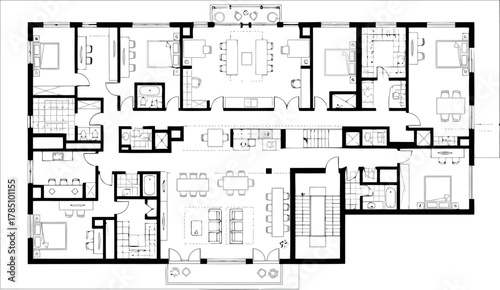 Detailed floor plan of a large luxury residence with multiple bedrooms, living areas, and amenities