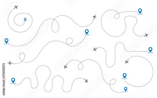 Airplane route with dotted flight path. Flying plane symbol with twisted, curved, straight and heart shape dashed trace path. Transparent png and vector illustration.