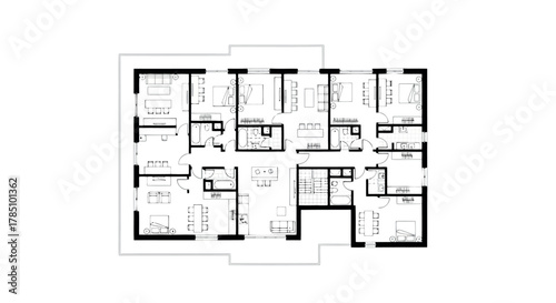 Architectural floor plan of a large residential apartment with multiple bedrooms and living areas