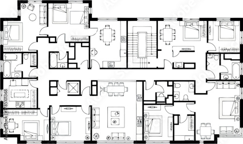 Architectural floor plan of a multiroom apartment with detailed layout and room divisions