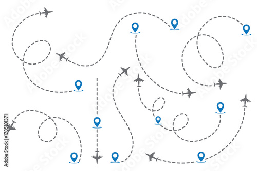 Airplane flight path doodle icon set. Dotted map route for travel and journey, dash line air plane route. Vector illustration isolated on white background