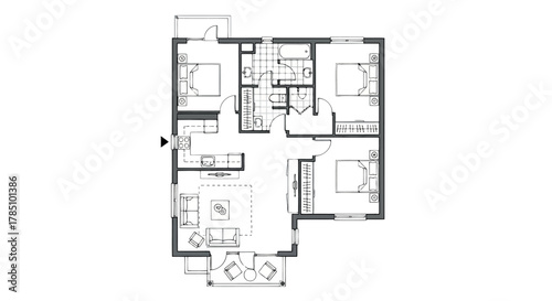 Architectural floor plan for a spacious family apartment with multiple bedrooms, living area, and kitchen