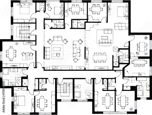 Detailed floor plan of a large residential building with multiple units and common areas