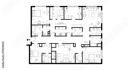 Floor plan of a large apartment with multiple bedrooms and living spaces