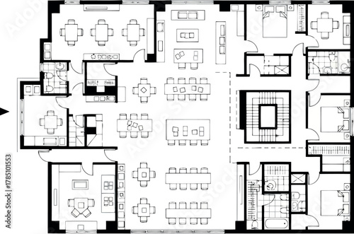 Architectural floor plan of a spacious apartment or office with multiple rooms and seating areas