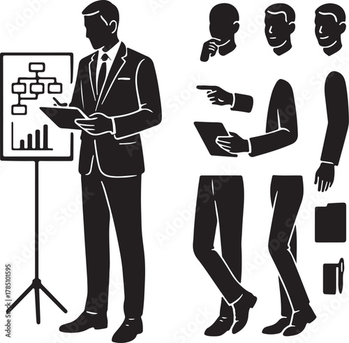 Businessman silhouette presenting with a flip chart, showcasing customizable body parts and elements for versatile corporate communication, strategic planning, and modern infographic design concepts