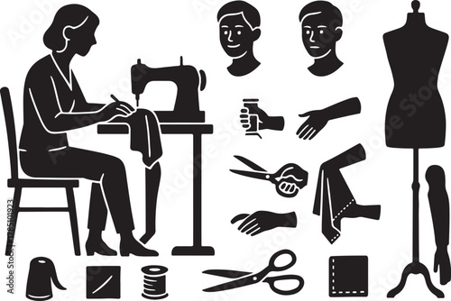 Silhouette collection: woman sewing machine, tailoring essentials, scissors, thread, thimble, fabric, mannequin, hands, faces. illustrating fashion design, garment making, diy craft, textile art.