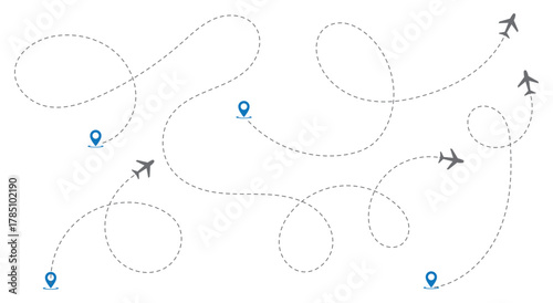 Travel concept Dotted path airplane Aircraft tracking. Line path vector icons of air plane flight