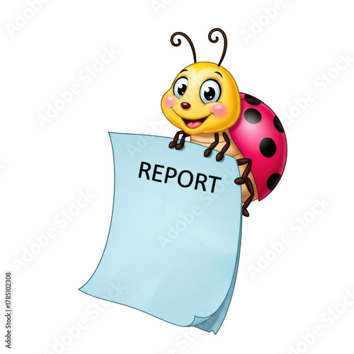 Cute cartoon ladybug holding a report document isolated on transparent background