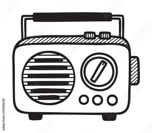 Black outline drawing of a vintage portable radio with a large speaker, dial knob, and three buttons below, featuring a striped handle on top.