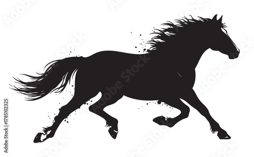 Black silhouette of a galloping horse on a white background, with dynamic details emphasizing motion and energy.