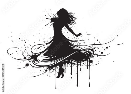 Silhouette of a female figure in an elegant dress with artistic splatter effects, conveying a sense of motion and creativity.