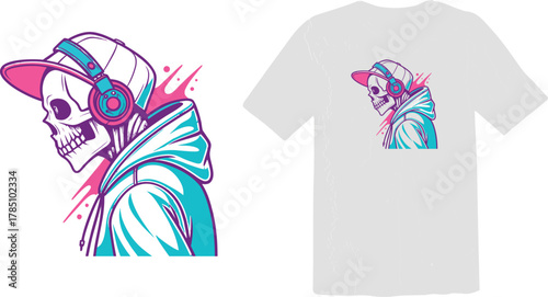 Cool Skeleton in Hoodie with Headphones - Neon Retro Design