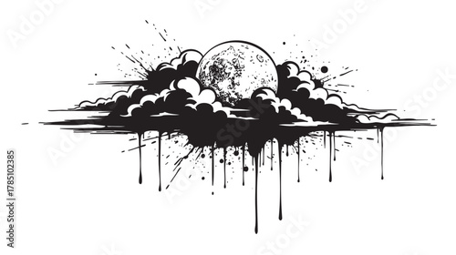 Black and white ink illustration of a moon partially obscured by clouds, with dramatic drips and splatters resembling graffiti art.