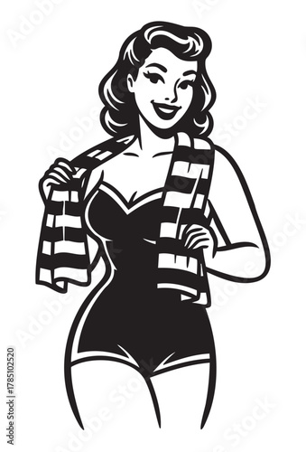 Smiling caucasian female with retro hairstyle holding striped towel, wearing vintage one-piece swimsuit in black and white illustration.