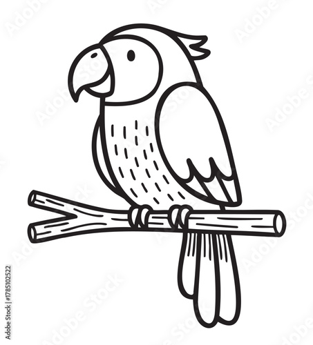 Black outline vector icon of a simple parrot perched on a branch. minimal linear illustration for birdwatching, wildlife, and nature concepts.