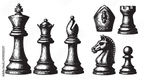 Detailed black and white illustration of various chess pieces, including a king, queen, bishop, knight, rook, and pawn in an engraved style.
