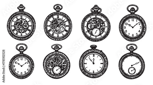 Eight intricately detailed vintage pocket watches with various gear and numeral designs displayed in a grid layout.