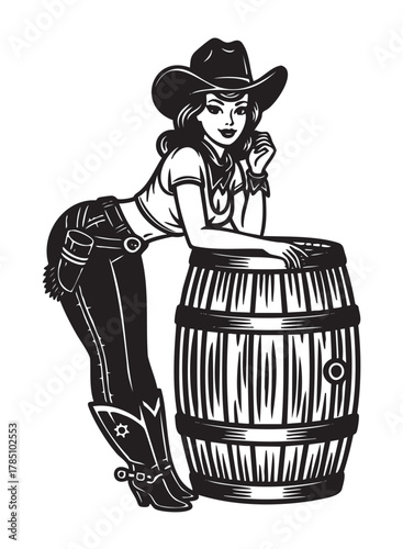 Black and white illustration of a young caucasian female wearing a cowboy hat and boots, leaning on a barrel with a confident expression.