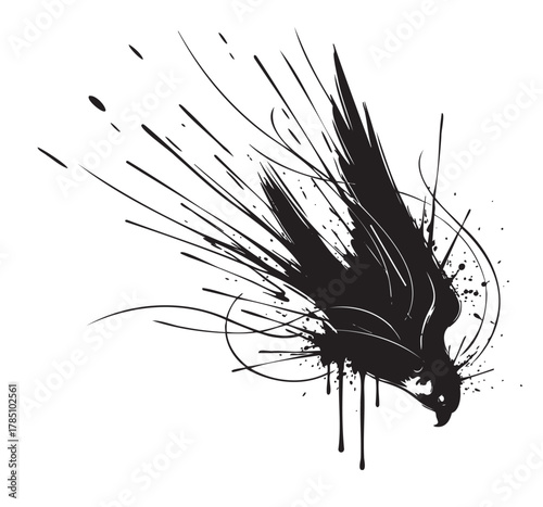 Black ink splatter art of an abstract eagle in flight with dynamic lines and droplets emanating from the wings.