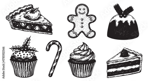 Hand-drawn illustrations of festive desserts including pie, gingerbread, pudding, cupcakes, candy cane, and cake showcasing holiday treats.