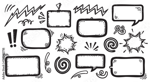 Diverse set of hand-drawn speech and thought bubbles with varying shapes, including rectangular, circular, and starburst designs, each with unique line details.