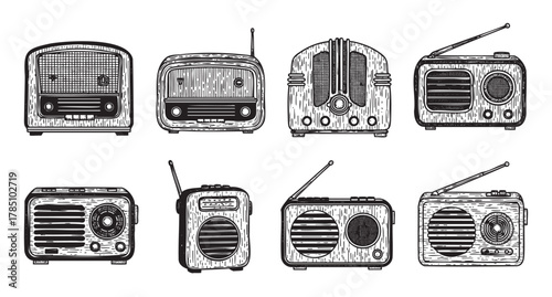 Eight vintage radios with wood textures and various designs, including antennas and dials, arranged in two rows on a white background.