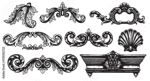 Intricate set of vintage decorative flourishes and ornate elements in black and white, featuring swirls, leaves, and shell motifs.