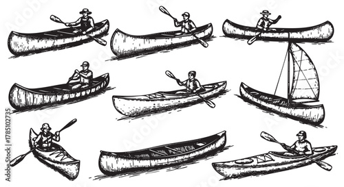 Nine black and white canoe sketches featuring individuals, both male and female, paddling in various styles and poses, with one sail-equipped canoe.