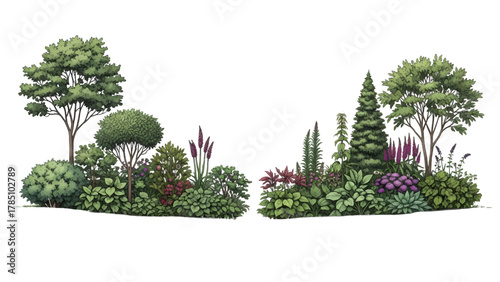 Vector illustration of a lush garden bed with various plants, trees, and flowers on a white background