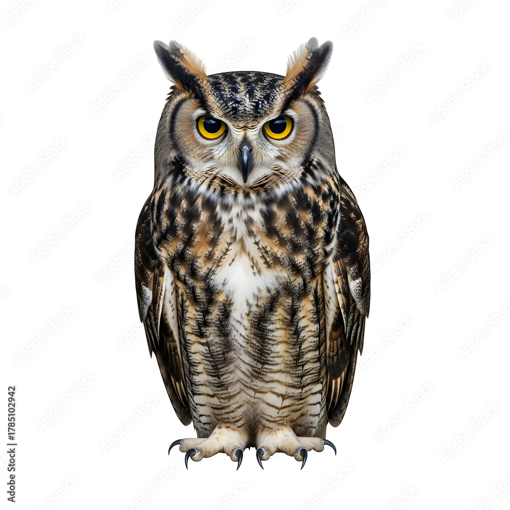 Fototapeta premium Great horned owl standing against black background