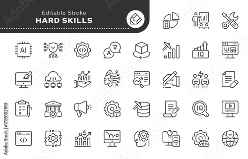 Hard skills line icon set. Computer skill, programming, graphic design, data mining, foreign language, writting, animation, video editing and more. Outline icon in linear style. Vector collection.