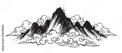 Black and white ink drawing of a mountain range surrounded by swirling clouds, showcasing dynamic and artistic brush strokes.