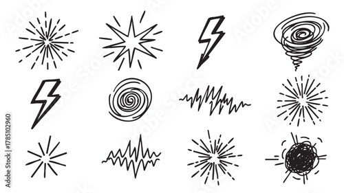 Collection of twelve hand-drawn black outline icons featuring lightning bolts, spirals, and starburst shapes, suggesting dynamics and energy.