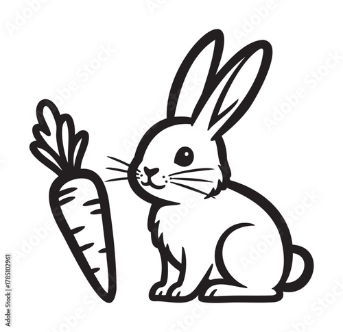 Simple black outline illustration of a cute rabbit sitting beside a large carrot with detailed features, emphasizing the animal’s playful nature.