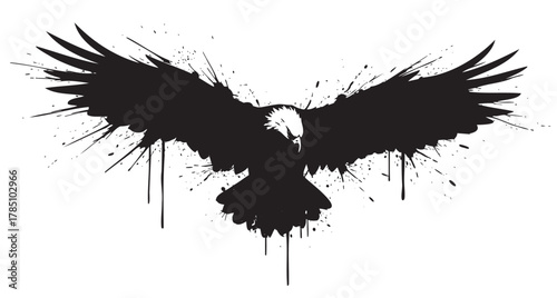 Black silhouette of an eagle with outstretched wings and splattered paint effect, symbolizing strength and freedom.