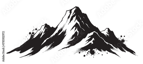 Black silhouette of a rugged mountain range with sharp peaks and artistic splatter design elements for a bold and dramatic effect.